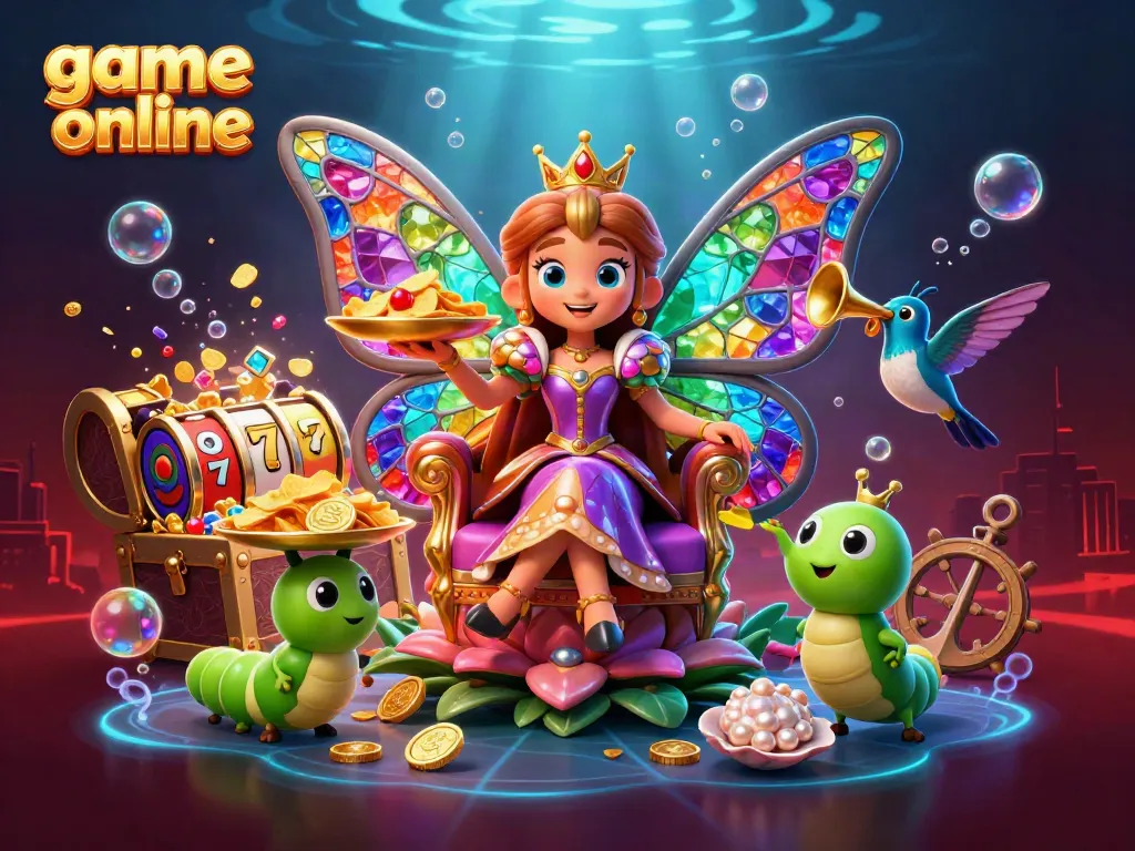 Experience the thrill of game online with vibrant casino symbols and enchanting characters in a dynamic 3D scene.
