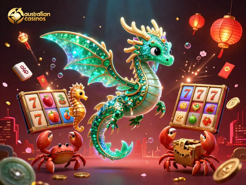 Engaging scene showcasing australian casinos with a majestic sea dragon and dynamic casino elements.