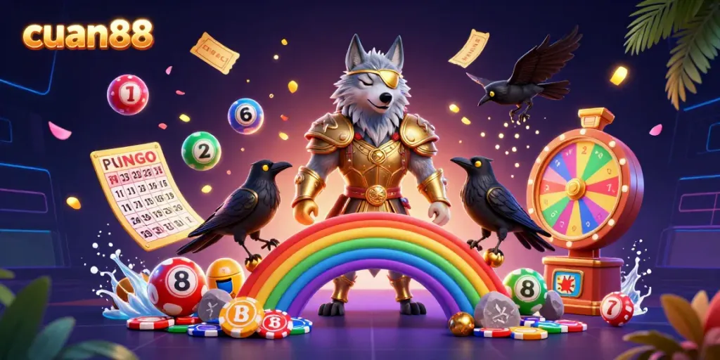 Experience the thrill of cuan88 with a vibrant 3D illustration featuring Norse mythology and dynamic casino elements.
