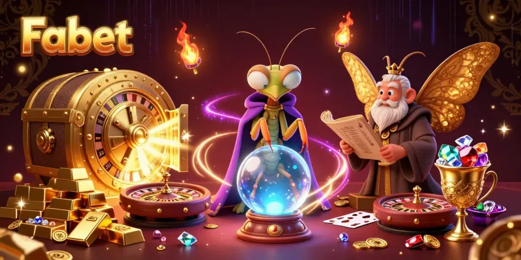 Experience the thrilling world of Fabet with a fantasy casino scene featuring a mystical fortune teller, live casino elements, and treasure.