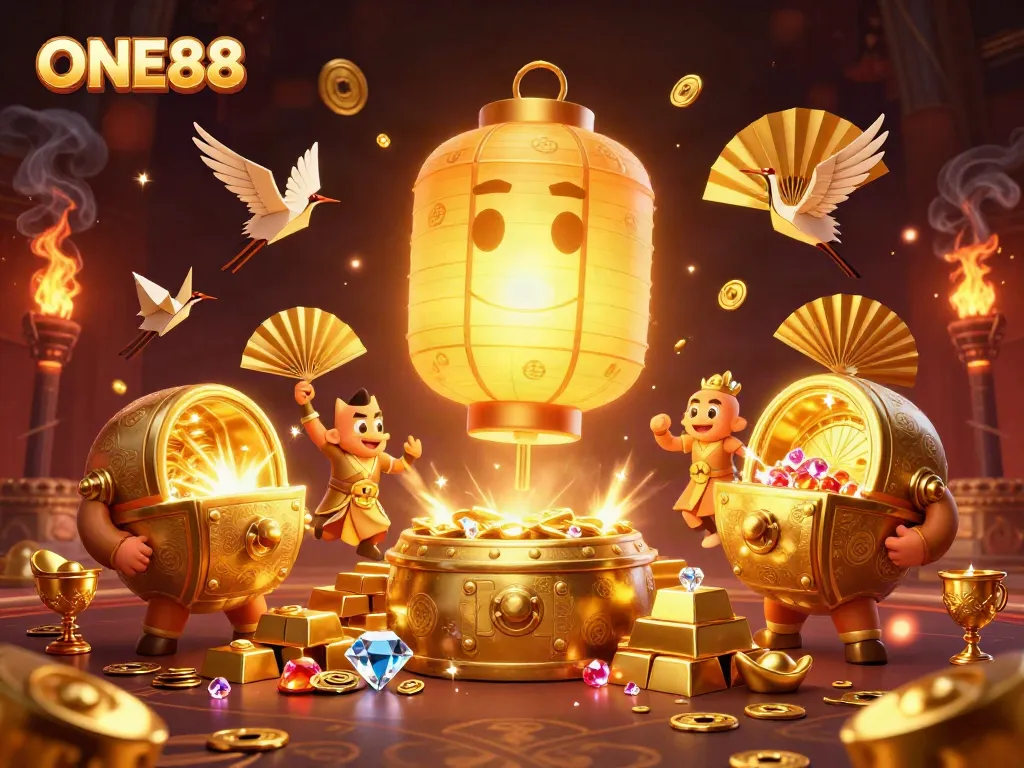 Experience thrilling gaming at ONE88, featuring a floating golden lantern spirit amidst treasure and dynamic casino elements.