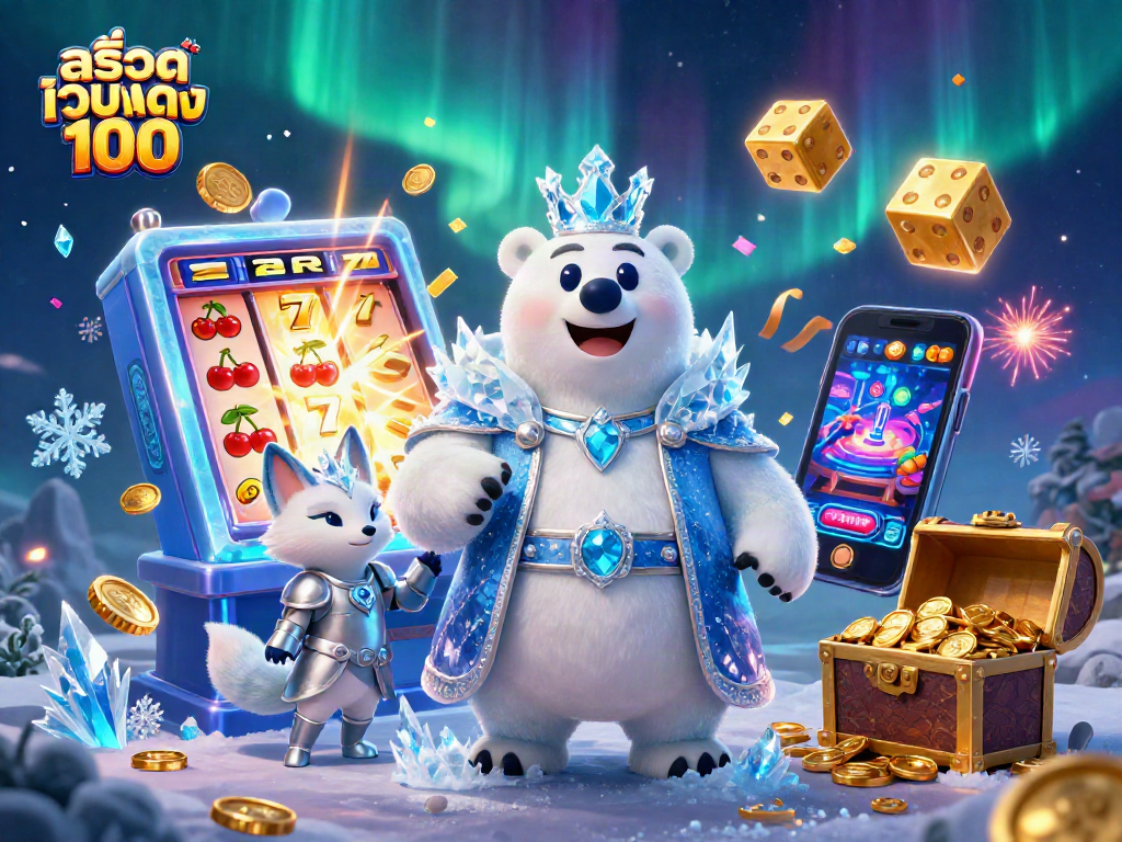 Explore the magical scene of สล็อตเว็บตรง100 featuring a polar bear king and a snow fox, amidst a jackpot explosion.