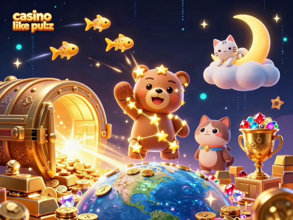 Win big at a casino like pulsz with this vibrant 3D illustration of a constellation bear and treasures.