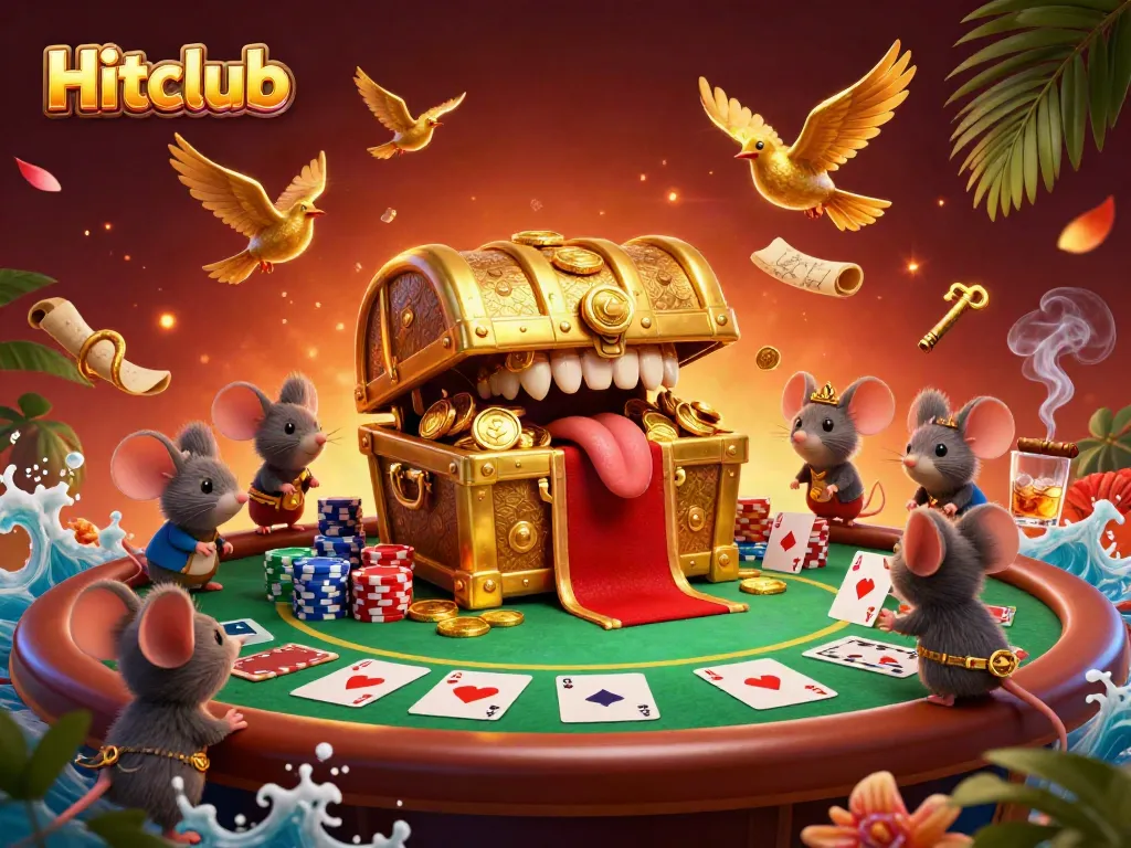Experience thrilling gameplay with Hitclub's treasure-filled casino adventure, featuring vibrant poker scenes.