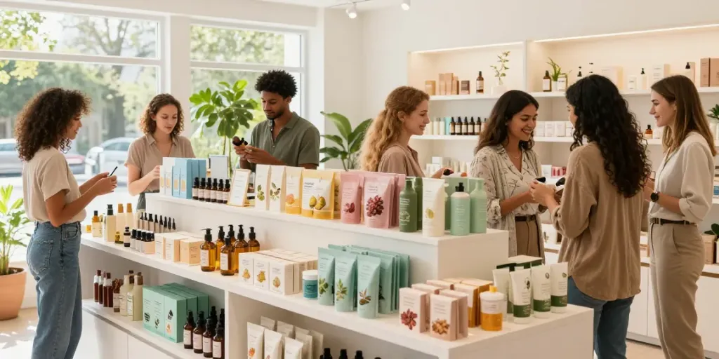 Beauty and wellness products online India showcased in an inviting retail space with diverse customers.