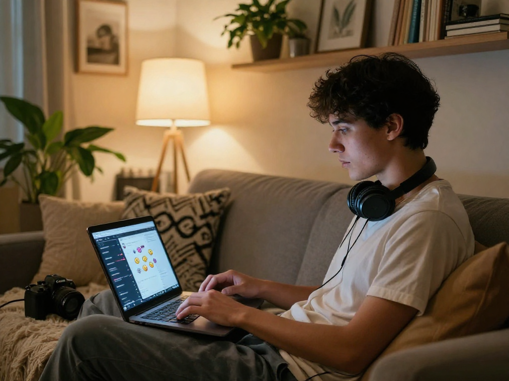 Engaging in nsfw chat on a laptop in a cozy home office.