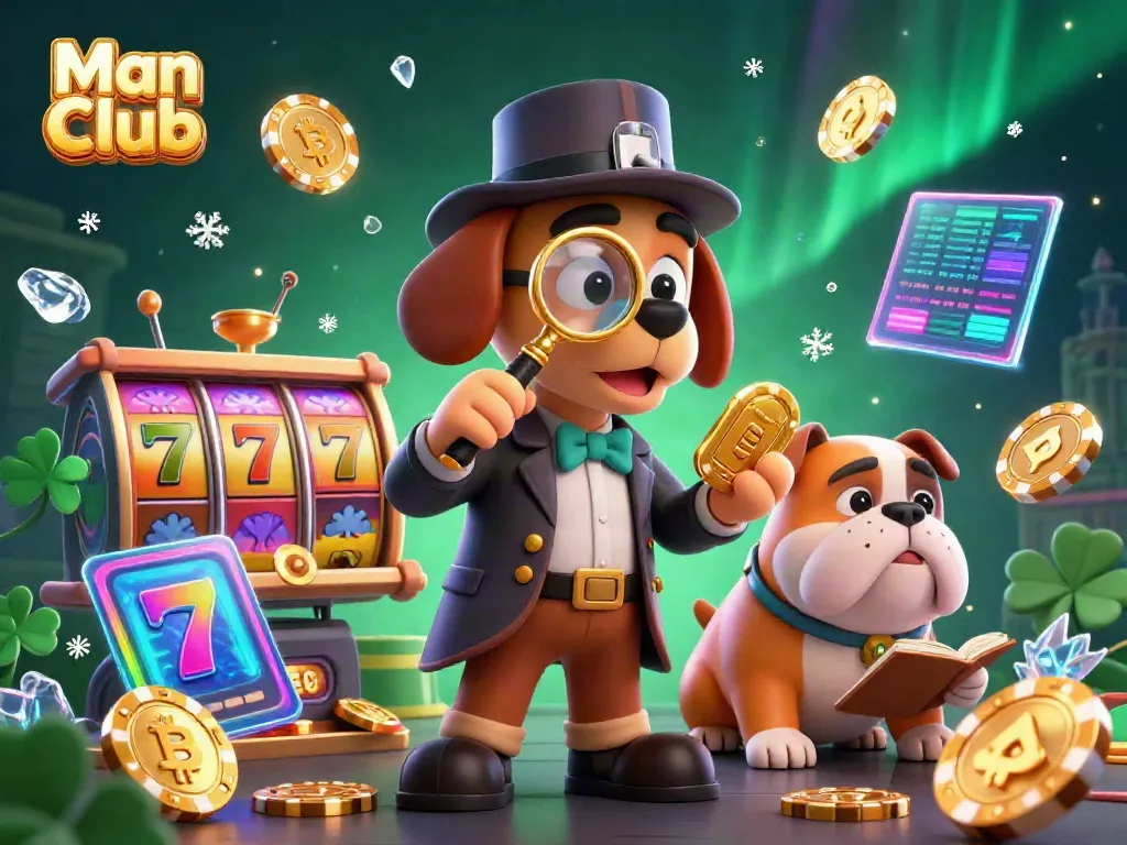Experience thrilling slots and jackpots at Man Club with a lively detective scene showcasing poker chips and coins.