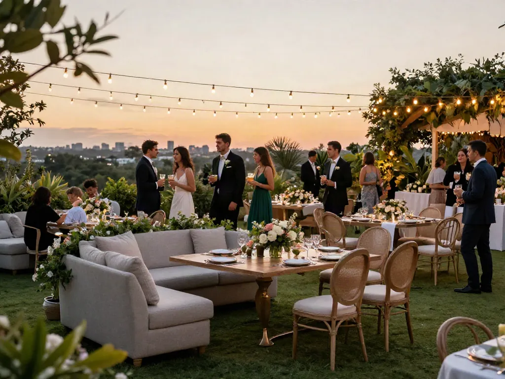 Event furniture rental setup at an elegant outdoor wedding with premium seating and dining.