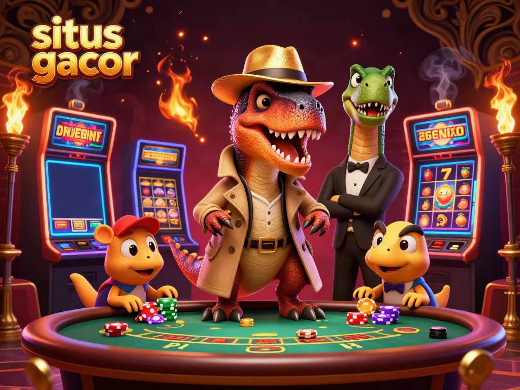 Situs slot gacor scene featuring a velociraptor card counter, a stegosaurus pit boss, and a compy pickpocket at a bustling casino table.