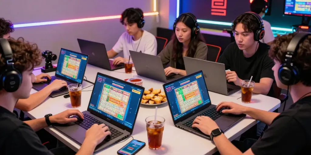 Pemain Bandar Togel online yang bersemangat sambil bermain di laptop dan perangkat mobile, dengan suasana ceria.