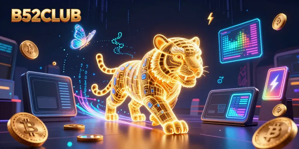B52CLUB brings excitement with a glowing golden tiger in a vibrant digital casino.
