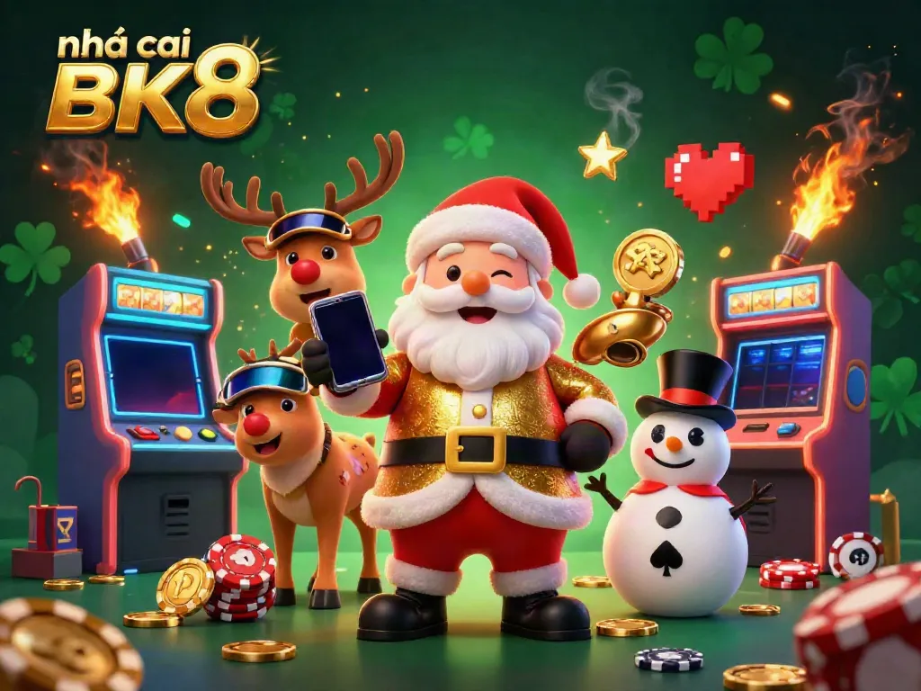 Experience the thrill of gambling at nhà cái BK8 with a vibrant casino-themed festive illustration featuring 3D characters and gaming elements.