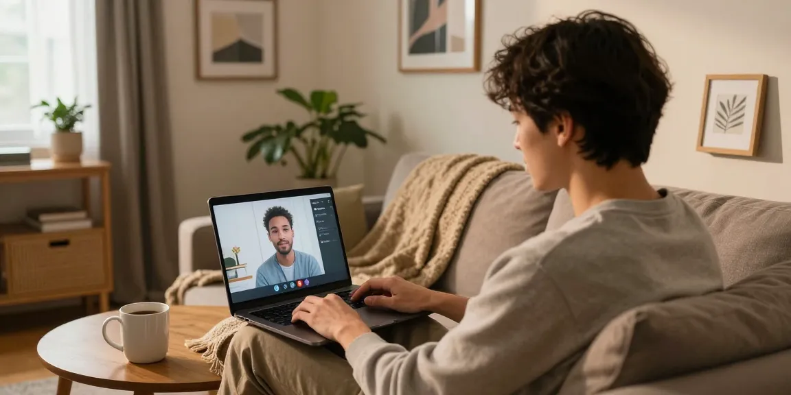 Engaging in a 1v1 chat, young adult on a couch in a cozy home office.