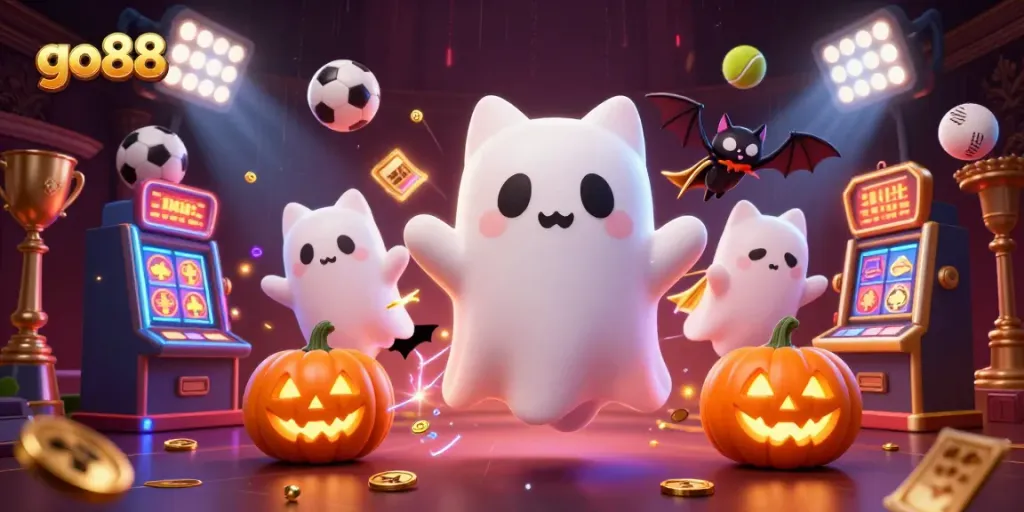 Chơi game tại GO 88 với hình ảnh ma mèo và bóng thể thao trong sòng bạc ma quái.