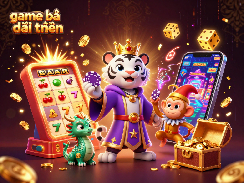Engage with game bài đổi thưởng featuring a royal tiger and lively characters in an animated gambling scene.