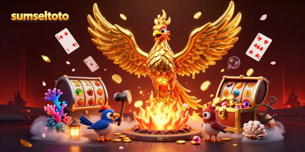 Sumseltoto showcases a golden phoenix rising from a forge surrounded by treasure and gaming elements.