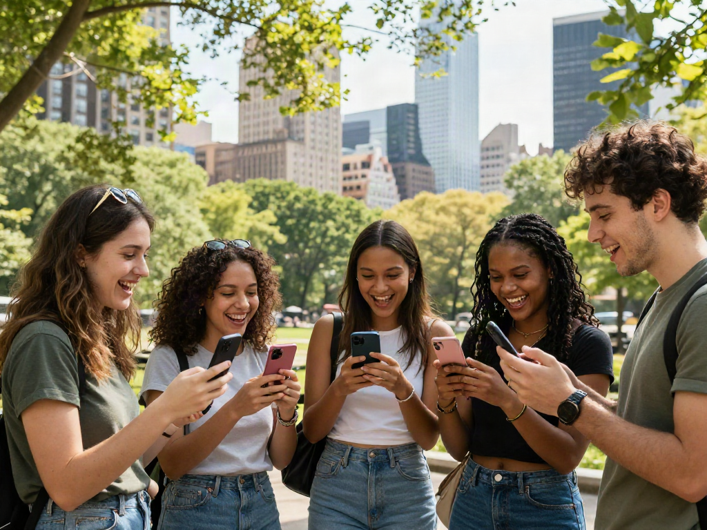 Group of friends comparing celebrity look alike results in an urban park.