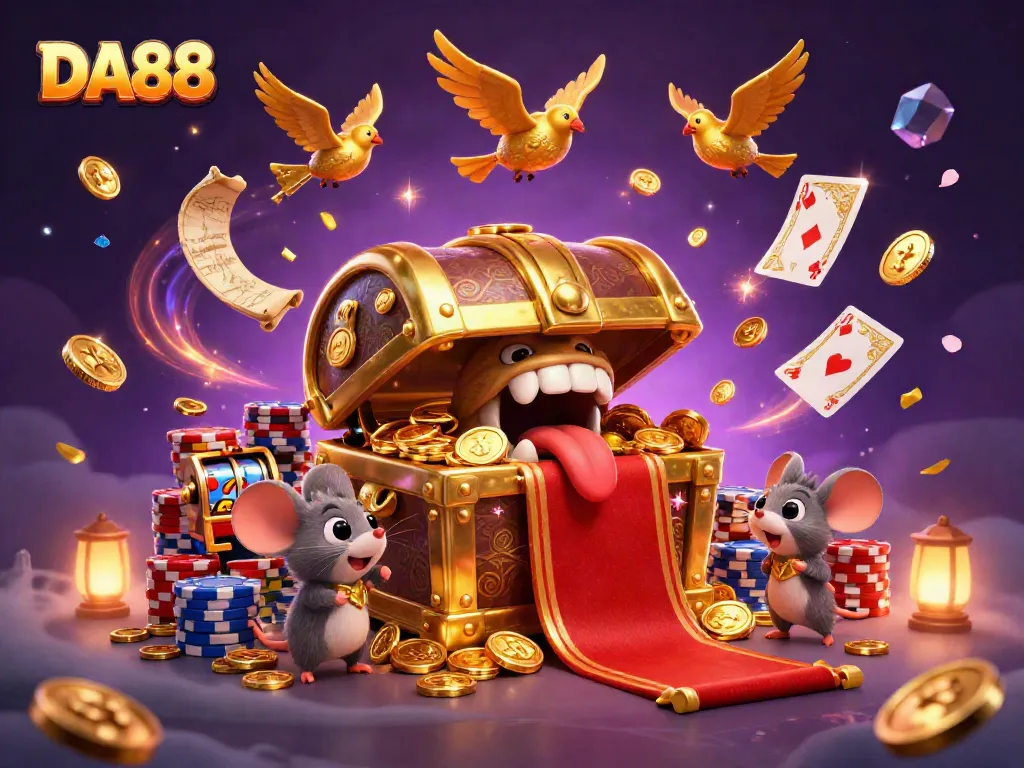 Spin to win at DA88 with colorful slot machines and a golden treasure chest enticing players