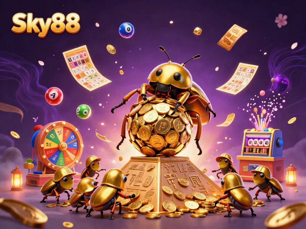 Experience big wins with Sky88's vibrant casino-themed illustration featuring golden beetles and engaging lottery elements.
