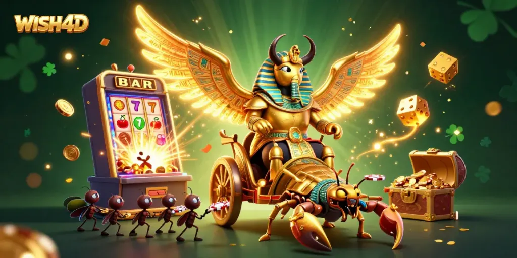 Engage with WISH4D's exciting casino experience through a dynamic 3D illustration capturing jackpots and thrilling gameplay.
