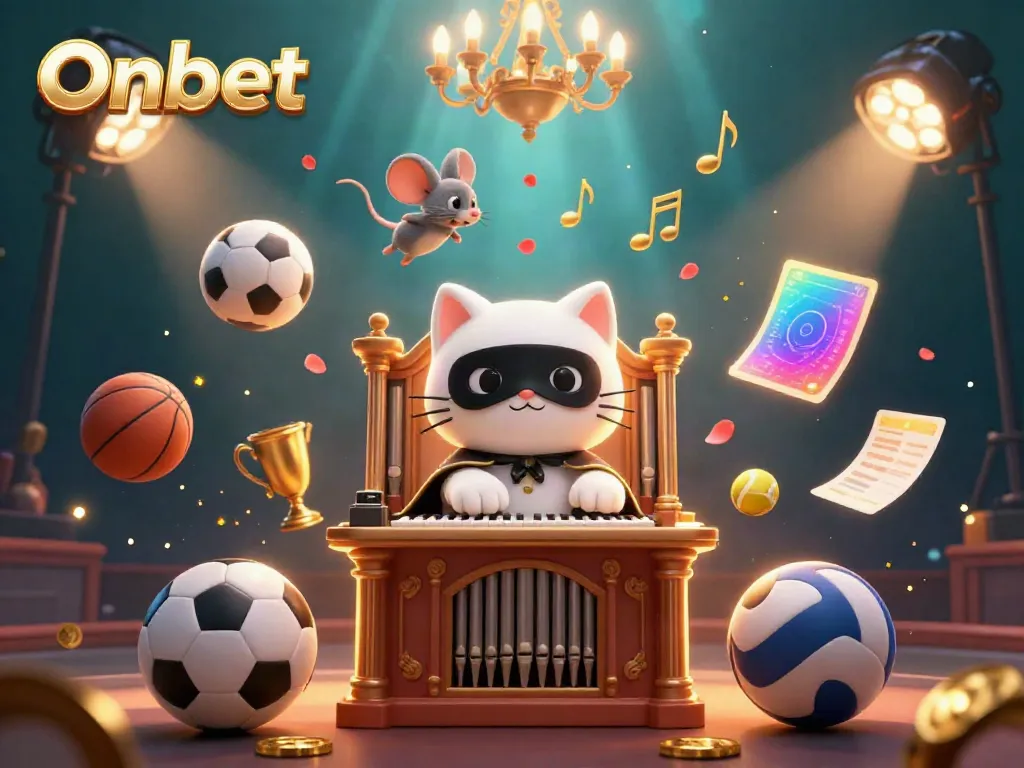 Engage in the thrilling world of Onbet, where vibrant cats and sports collide in an ornate casino.