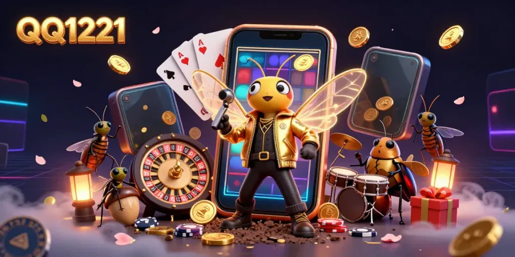 Experience QQ1221's thrilling casino atmosphere with a vibrant rock star performance in this lively illustration.