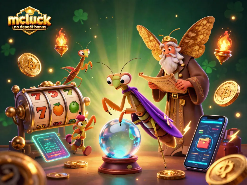 Spin to win at McLuck casino no deposit bonus with vibrant 3D illustrations of fortune tellers and gambling symbols.