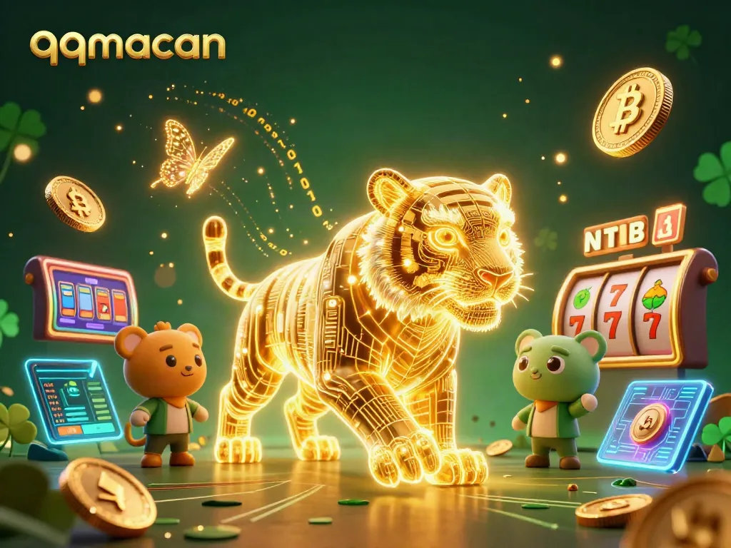 Experience the thrill of qqmacan in a vibrant casino scene filled with slot reels and digital currency.