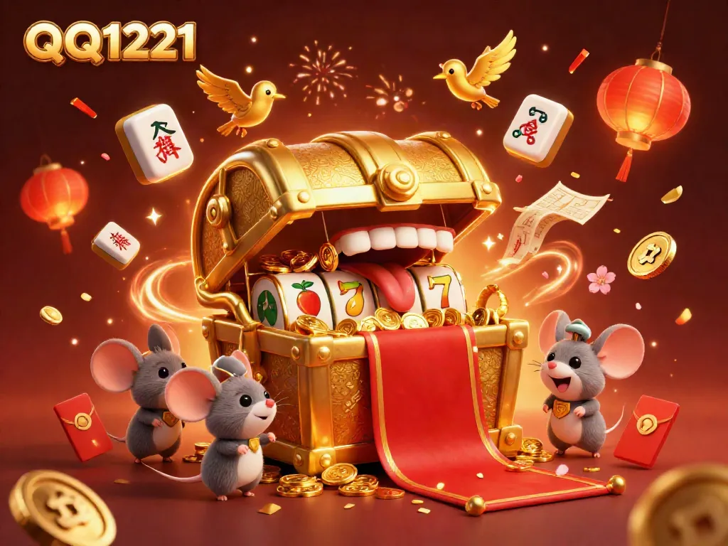 Spin to win at QQ1221 Slot with a treasure chest welcoming lucky players amidst festive visuals.