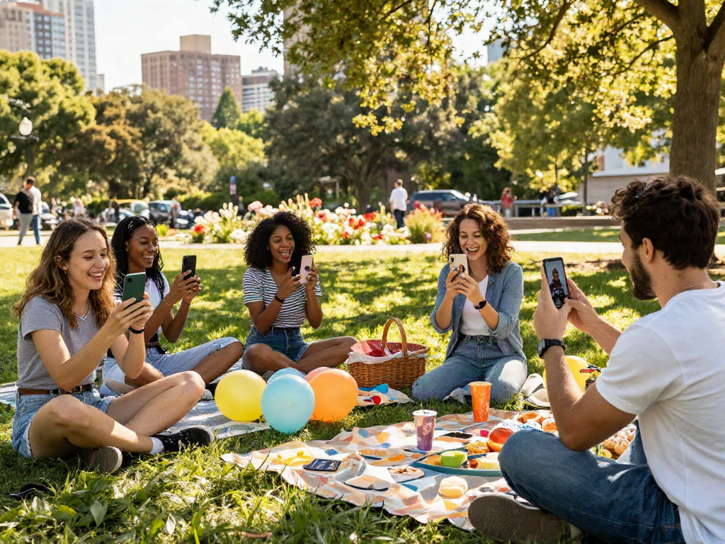 Group using an attractive test app in a city park, enjoying social interaction.