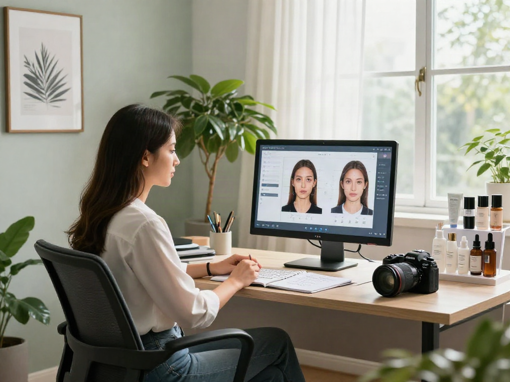 Client discussing ClinicEvo cheaper than QOVES in a modern beauty consultation office.