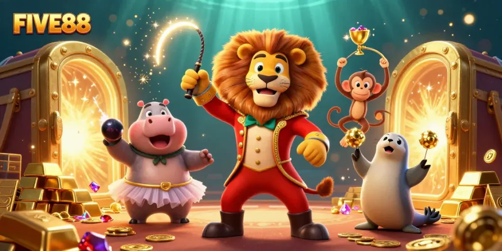 Experience the thrill of FIVE88 with a vibrant 3D casino illustration featuring lively characters and sparkling treasures.