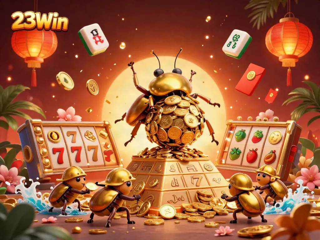 23Win casino illustration showcasing a golden beetle and slot reels celebrating wins.