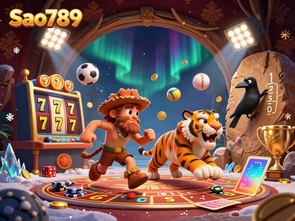 Sao789 engages gamblers in a prehistoric casino with vibrant slot games and energetic sports elements.