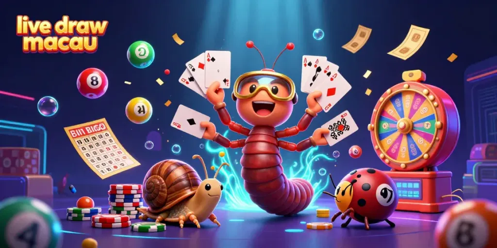 Permainan live draw macau dengan dealer unik, bola lotere berwarna, dan suasana yang ceria.