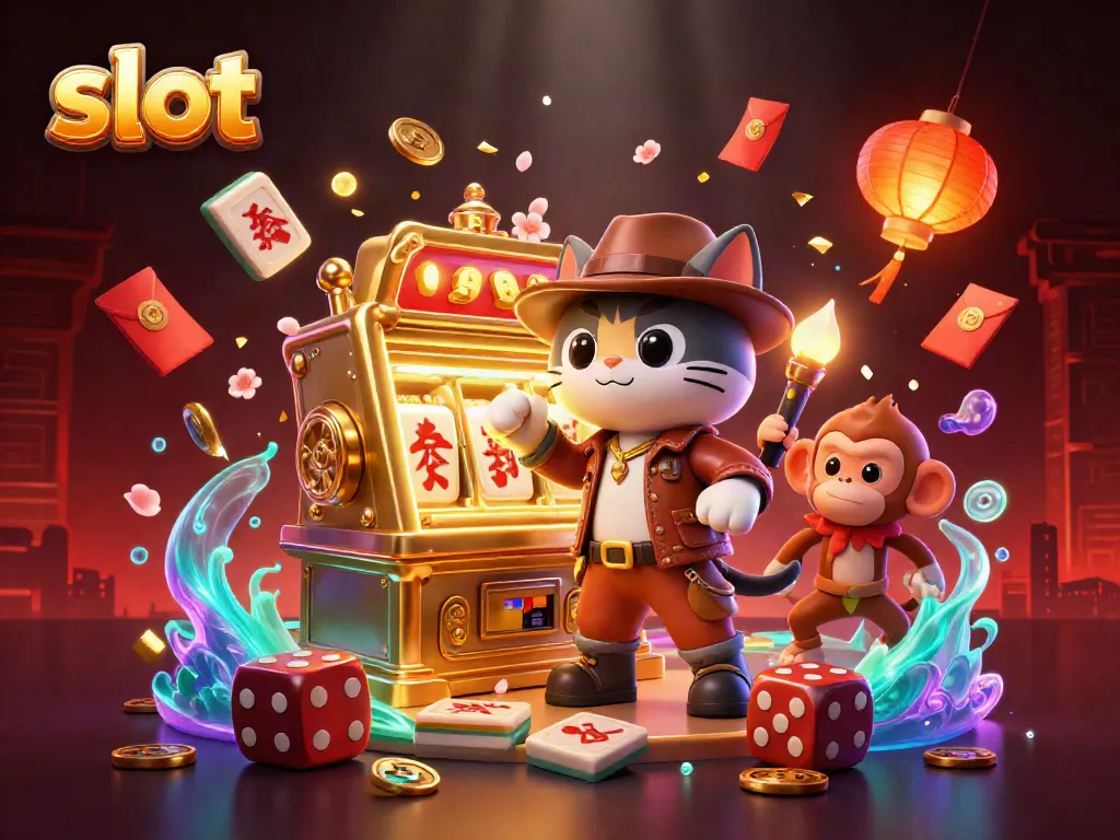 Melihat mesin slot yang berkilau di tengah artefak kasino emas, dikelilingi elemen permainan bertema.