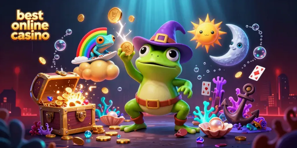 Experience the thrill at the best online casino with vibrant characters bringing luck and action in a colorful scene.