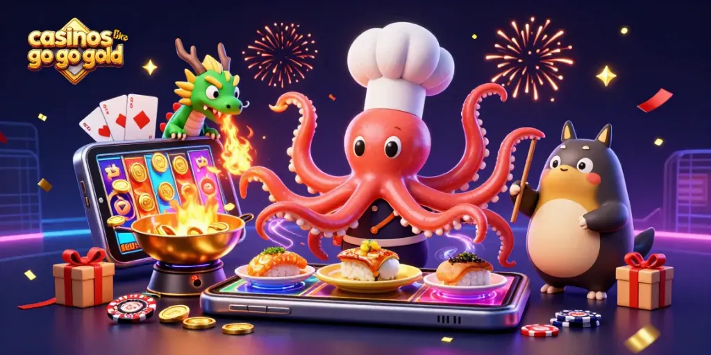 Play exciting games like Go Go Gold with vibrant 3D illustration showcasing slot-inspired characters, coins, and rewards.