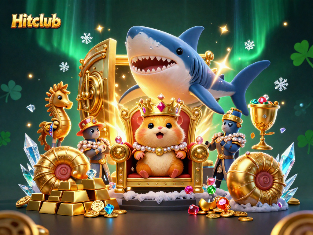 Experience the thrill of Hitclub with a golden hamster king and treasures in this vibrant casino scene.