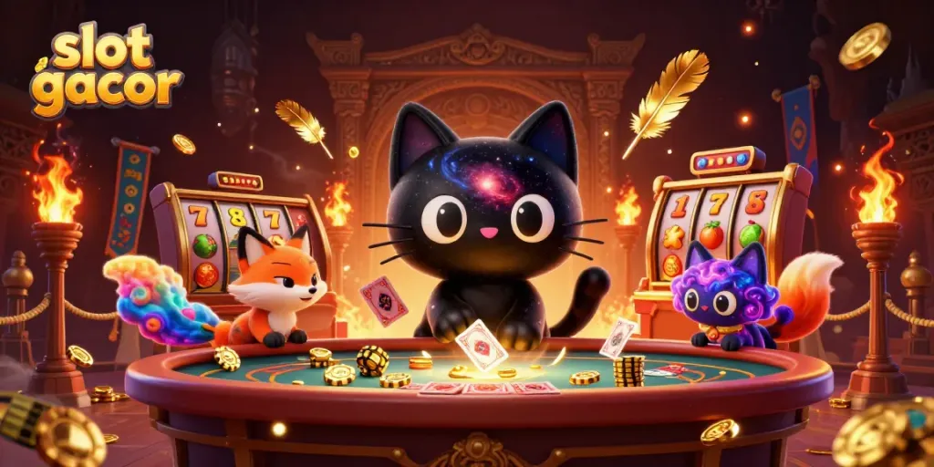 Slot gacor menampilkan kucing hitam berwarna galaksi yang menarik chip emas dalam suasana kasino yang kosmis.