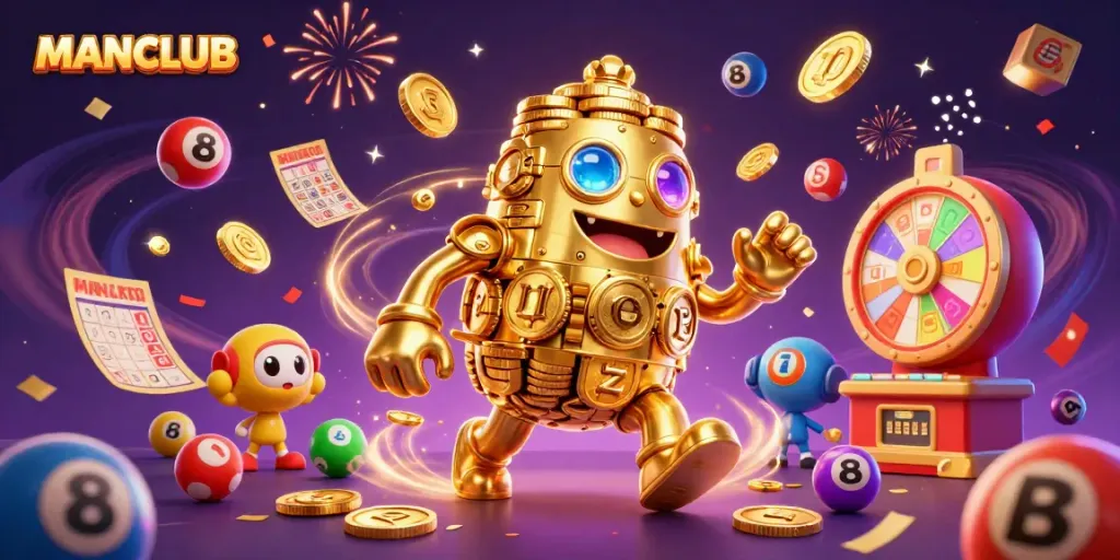 Engage in thrilling gameplay with MANCLUB’s vibrant lottery scene featuring a golden coin golem and festive symbols.