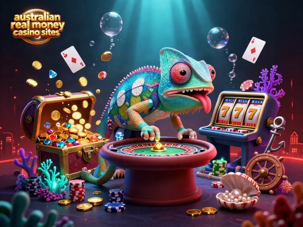 Engaging scene of australian real money casino sites with vibrant chameleon owner and floating poker elements.