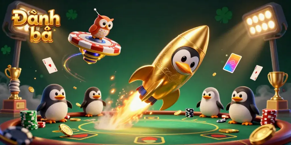 Experience Đánh bài with a cartoon rocket-powered penguin racing towards a glowing casino chip space station, surrounded by dynamic poker elements.