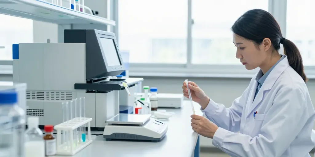 Professional chemist analyzing GLOW peptide blend for sale in a modern lab setting.