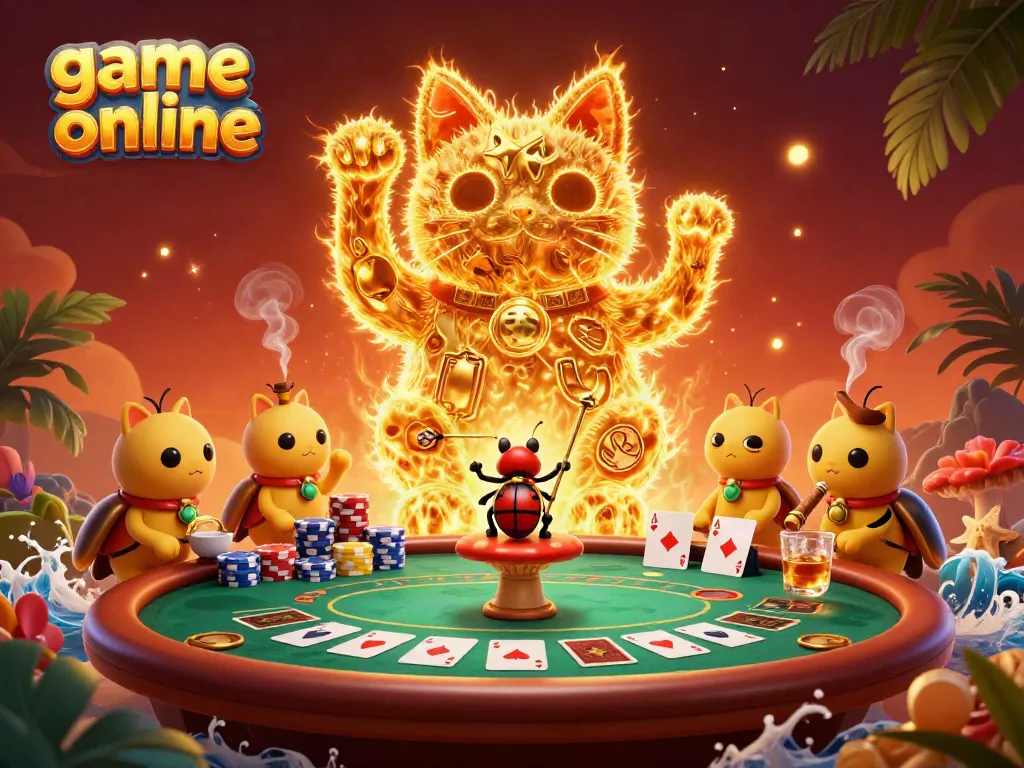 Experience exciting game online with a magical scene featuring casino symbols and fireflies.