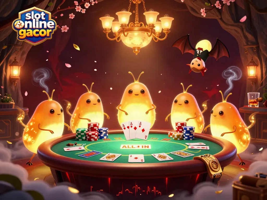 Engage with slot online gacor in a vibrant casino scene with glowworms and a bat dealer.