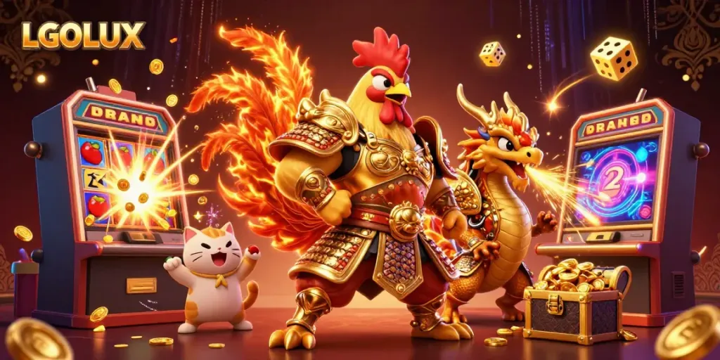 Experience the thrilling gameplay with LGOLUX through a dynamic scene showcasing unique characters and gaming elements.