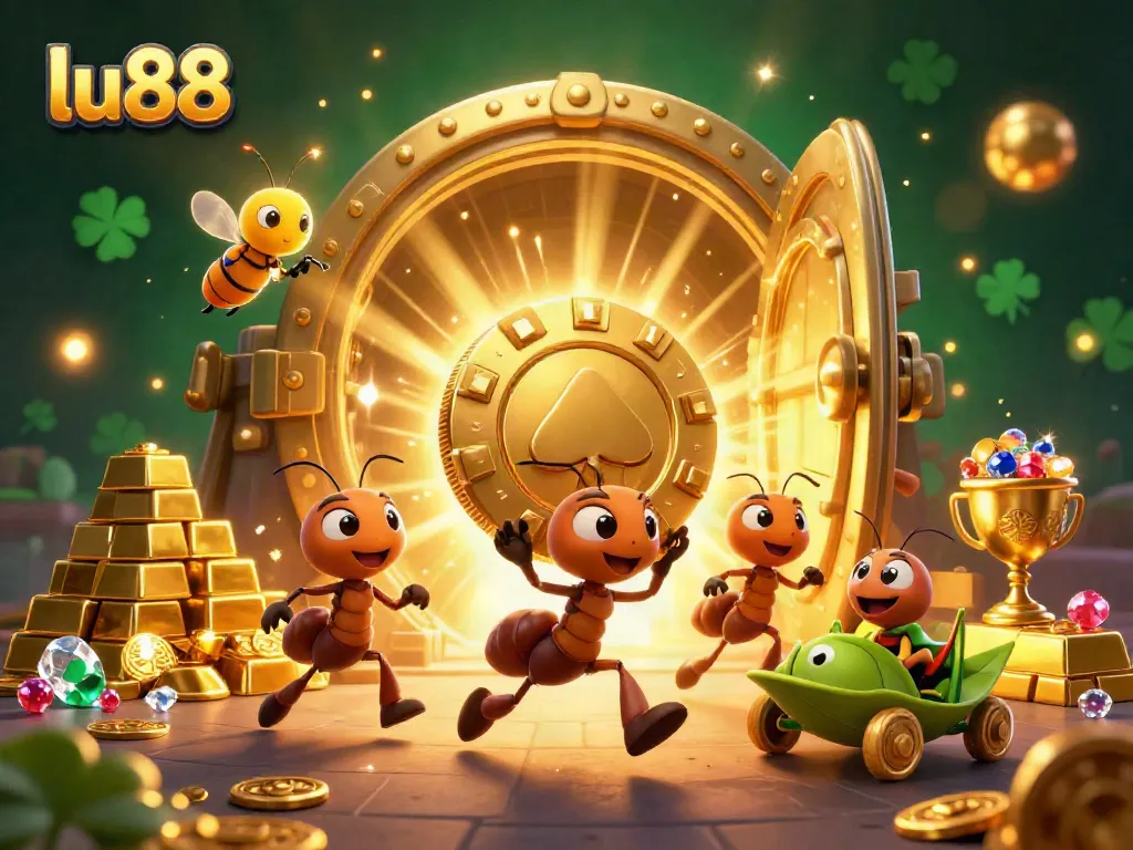 Lu88 ants stealing a giant poker chip in a dazzling treasure vault scene filled with jewels.