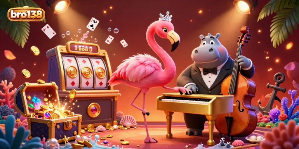 Experience the vibrant action of bro138 with lively characters and exploding treasures in a dynamic casino scene.