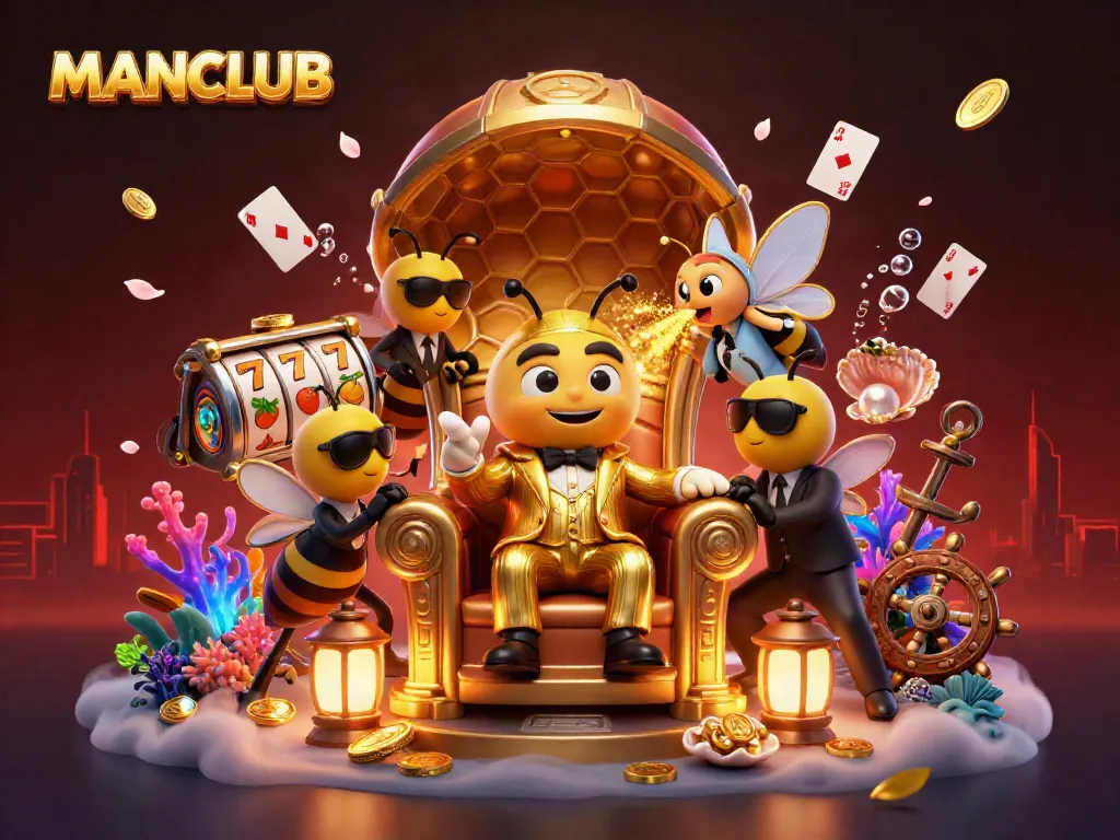Experience the excitement of MANCLUB with a dynamic 3D casino scene featuring vibrant characters and slot reels.